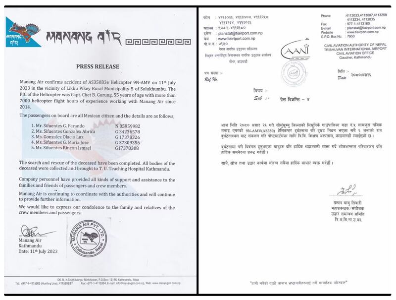 La Autoridad de Aviación Civil de Nepal y Manang Air Helicopters informaron del trágico accidente. (Manang Air y Civil Aviation Authority of Nepal)